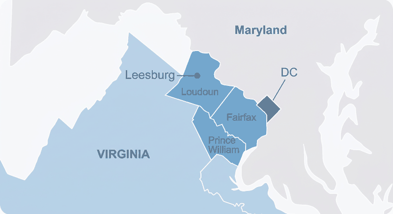 Service area map: Northern Virginia, Washington DC, and Maryland, with Loudoun, Fairfax, and Prince William counties highlighted and Leesburg marked.
